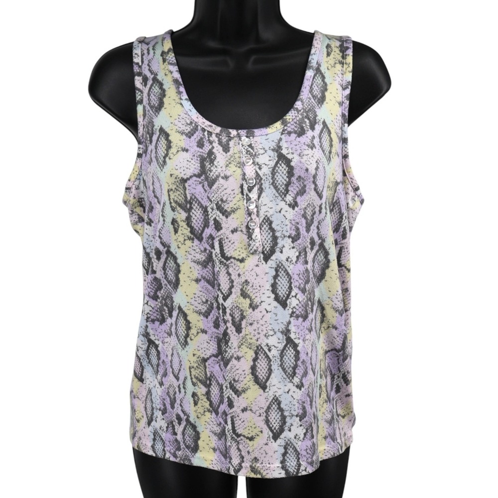 Kikit Blue White Snakeskin Print Short Sleeve Top Soft Stretch Button M EUC